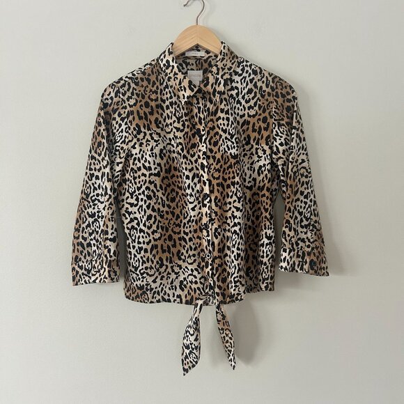 Chicos Leopard Print No-Iron Button-Up Shirt With Tie Hem Womens Size 0 - Picture 1 of 7